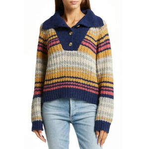 Mother Button Collar Stripe Alpaca Jumper Navy Stripe Large Academia Fall Winter